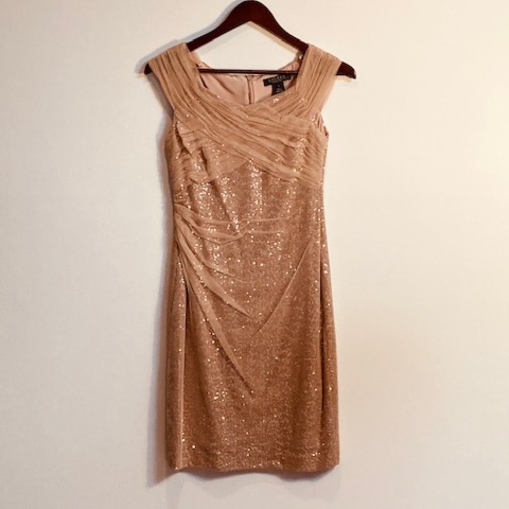 Ralph Lauren Cocktail Dress w Rose Gold Sequins Nude Mesh